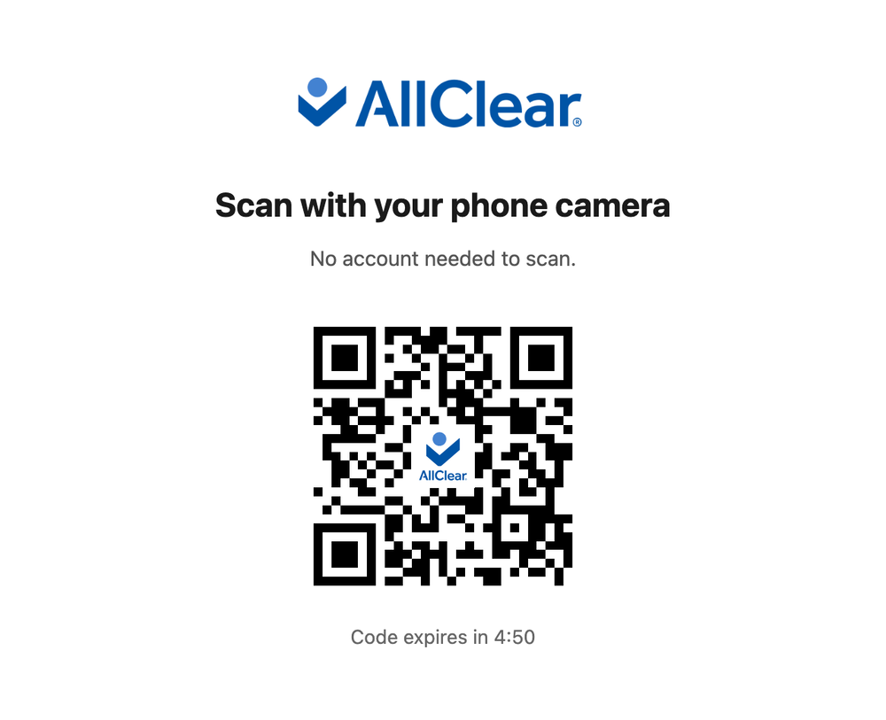 Connect with AllClear: the web page with a QR code to open the request in the app